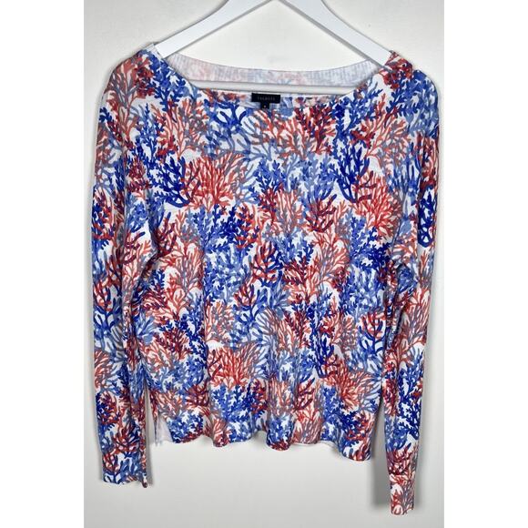 Talbots Medium Cotton Lightweight Sweater Orange Blue Coral Pattern Long Sleeve - Picture 2 of 9